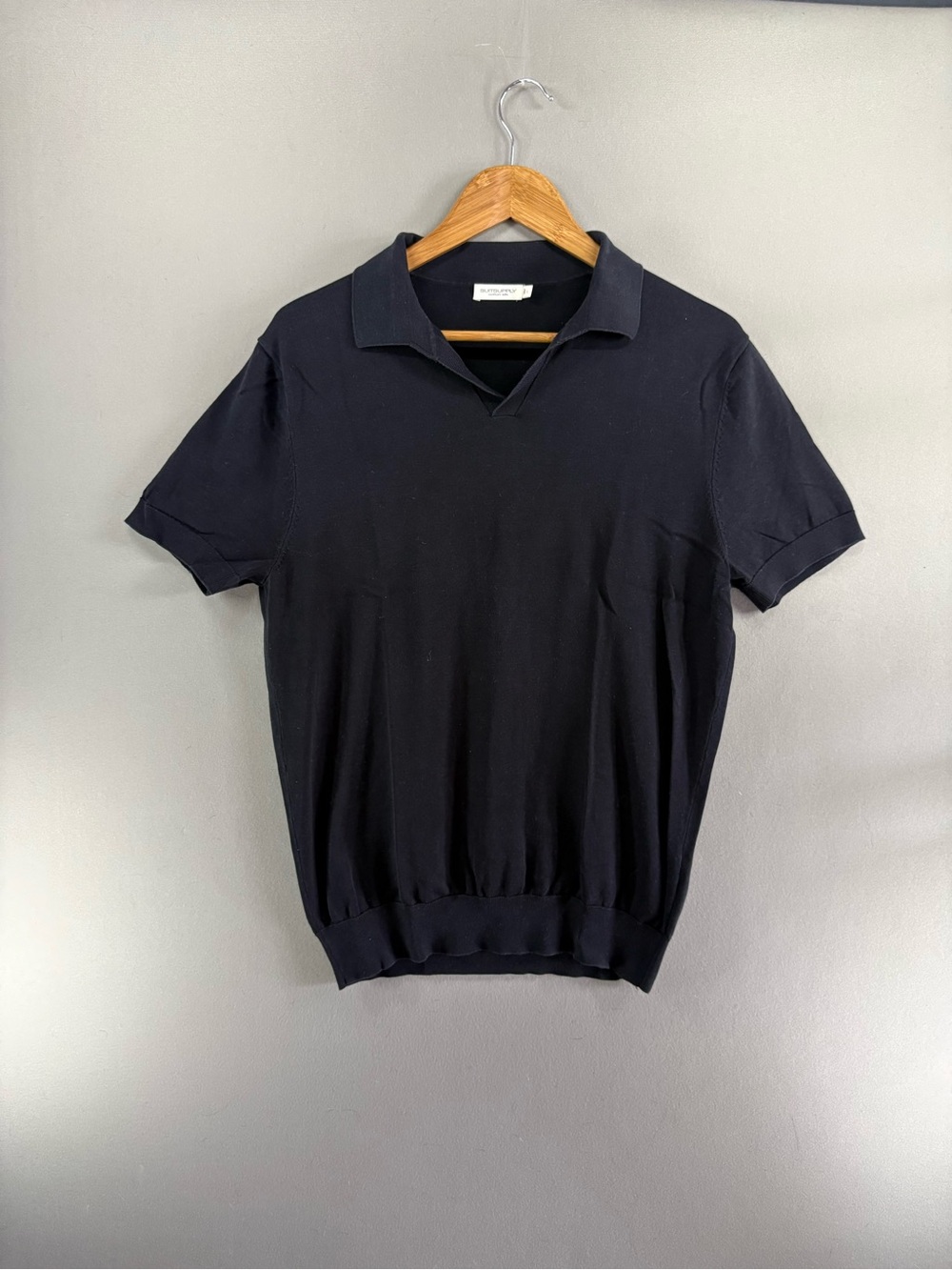 SuitSupply Buttonless Polo Shirt Mens Size Large Black Cotton Silk Short Sleeve